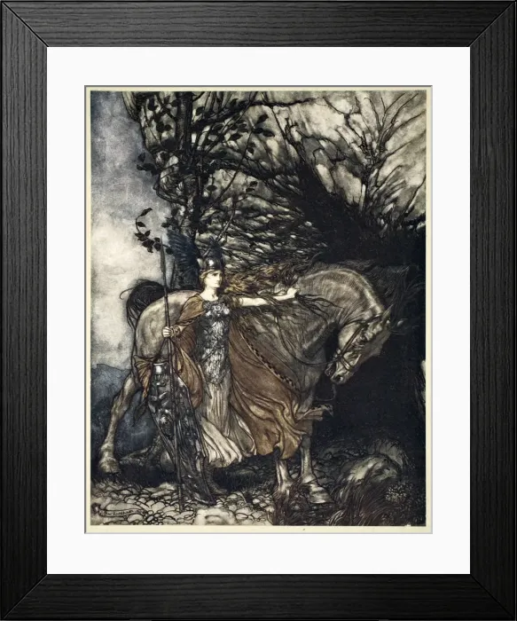 Framed Print : Brunnhilde with her horse at the mouth of the cave, 1910. Artist: Arthur Rackham Framed Print : Brunnhilde with her horse at the mouth of the cave, 1910. Artist: Arthur Rackham