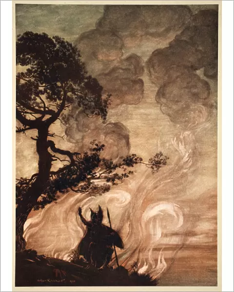 As he moves slowly away, Wotan turns and looks sorrowfully back at Brunnhilde, 1910