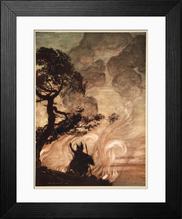 Framed Print : As he moves slowly away, Wotan turns and looks sorrowfully back at Brunnhilde, 1910 Framed Print : As he moves slowly away, Wotan turns and looks sorrowfully back at Brunnhilde, 1910