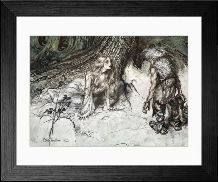 Framed Print : Mime finds the mother of Siegfried in the forest, 1924. Artist: Arthur Rackham Framed Print : Mime finds the mother of Siegfried in the forest, 1924. Artist: Arthur Rackham