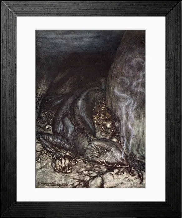 Framed Print : In dragons form Fafner now watches the hoard, 1924. Artist: Arthur Rackham Framed Print : In dragons form Fafner now watches the hoard, 1924. Artist: Arthur Rackham