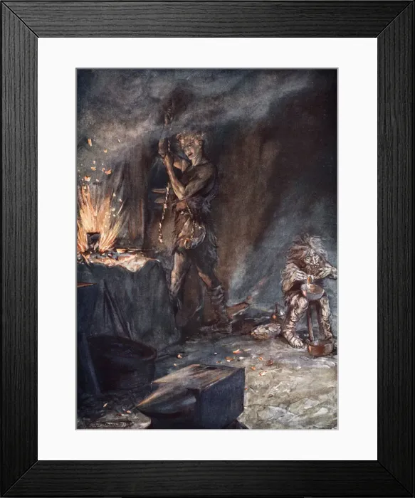 Framed Print : The forging of Nothung, 1924. Artist: Arthur Rackham Framed Print : The forging of Nothung, 1924. Artist: Arthur Rackham