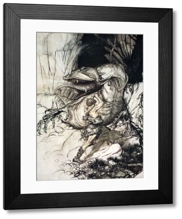Framed Print : Siegfried kills Fafner, 1924. Artist: Arthur Rackham Framed Print : Siegfried kills Fafner, 1924. Artist: Arthur Rackham