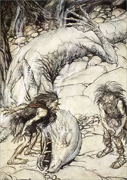 The dwarves quarrelling over the body of Fafner, 1924. Artist: Arthur Rackham