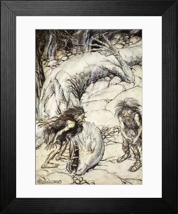 Framed Print : The dwarves quarrelling over the body of Fafner, 1924. Artist: Arthur Rackham Framed Print : The dwarves quarrelling over the body of Fafner, 1924. Artist: Arthur Rackham