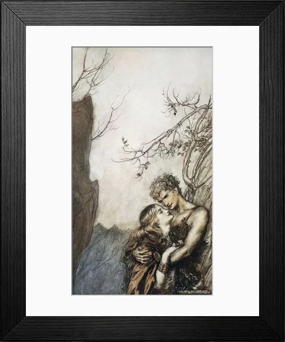 Framed Print : Brunnhilde throws herself into Siegfrieds arms, 1924. Artist: Arthur Rackham Framed Print : Brunnhilde throws herself into Siegfrieds arms, 1924. Artist: Arthur Rackham