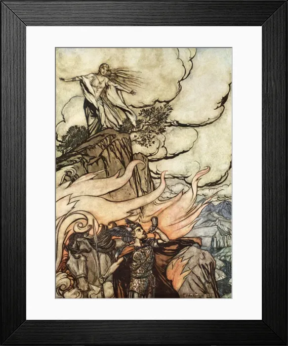 Framed Print : Siegfried leaves Brunnhilde in search of adventure, 1924. Artist: Arthur Rackham Framed Print : Siegfried leaves Brunnhilde in search of adventure, 1924. Artist: Arthur Rackham