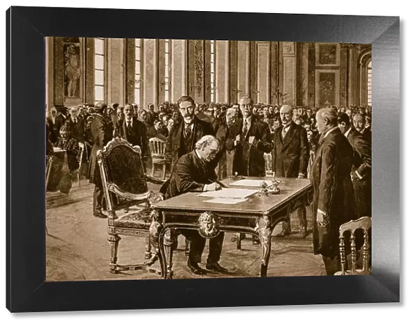 Britains Prime Minister signing the Treaty of Peace with Germany in the Hall of