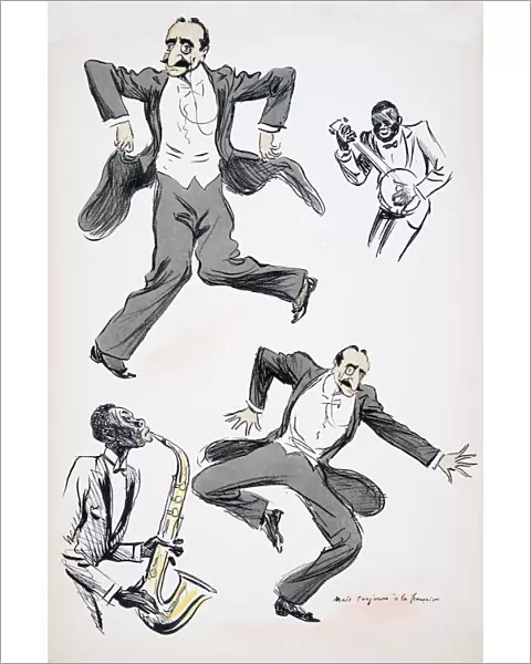 Gentleman in white tie and tails dancing while two musicians play saxophone and banjo