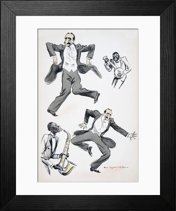 Framed Print : Gentleman in white tie and tails dancing while two musicians play saxophone and banjo Framed Print : Gentleman in white tie and tails dancing while two musicians play saxophone and banjo