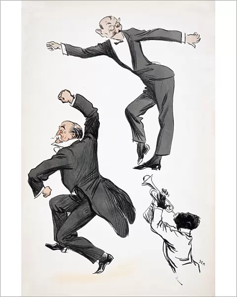 Elderly gentleman in tails and younger gentleman in black tie dance to a musician playing trumpet