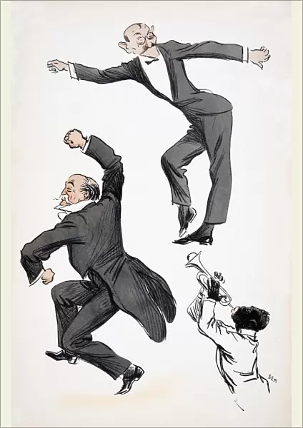 Elderly gentleman in tails and younger gentleman in black tie dance to a musician playing trumpet