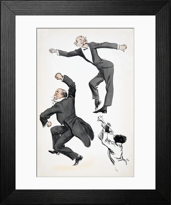 Framed Print : Elderly gentleman in tails and younger gentleman in black tie dance to a musician playing trumpet Framed Print : Elderly gentleman in tails and younger gentleman in black tie dance to a musician playing trumpet