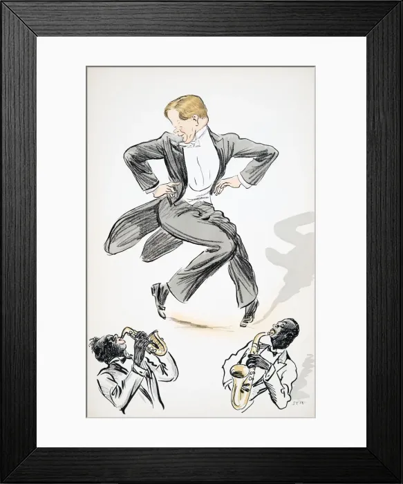 Framed Print : Gentleman in tails and white tie dances to two musicians playing saxophone Framed Print : Gentleman in tails and white tie dances to two musicians playing saxophone