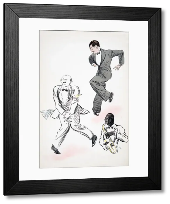 Framed Print : Two gentleman in black tie dancing to jazz, played by a musician on the saxophone Framed Print : Two gentleman in black tie dancing to jazz, played by a musician on the saxophone