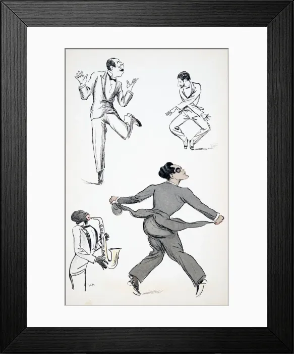 Framed Print : Three gentlemen in Black Tie perform moves from the Charleston to a saxophone Framed Print : Three gentlemen in Black Tie perform moves from the Charleston to a saxophone