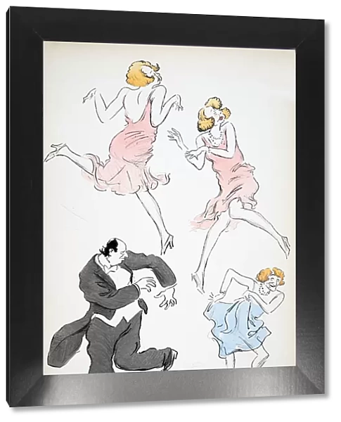 Three illustrations of transvestites in blue and pink dresses dancing with a larger