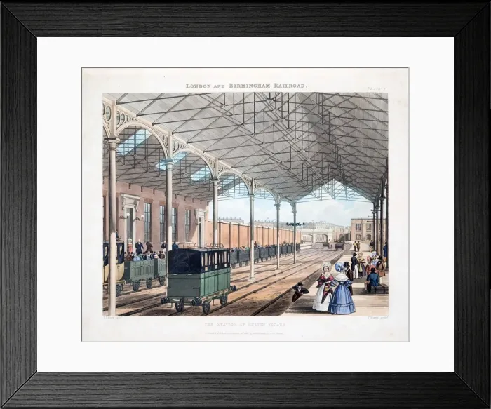 Framed Print : The Station at Euston Square, published 1837 (hand coloured engraving) Framed Print : The Station at Euston Square, published 1837 (hand coloured engraving)
