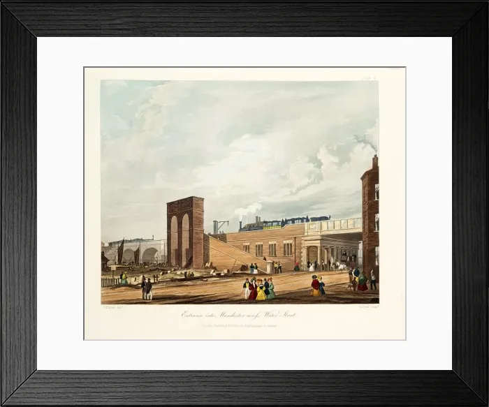 Framed Print : Entrance into Manchester Across Water Street, published 1831 (hand coloured engraving) Framed Print : Entrance into Manchester Across Water Street, published 1831 (hand coloured engraving)