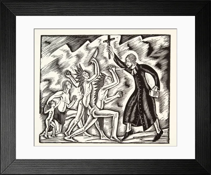 Framed Print : The Attack, from The Travels and Sufferings of Father Jean de Brebeuf, 1938, (wood engraving) Framed Print : The Attack, from The Travels and Sufferings of Father Jean de Brebeuf, 1938, (wood engraving)