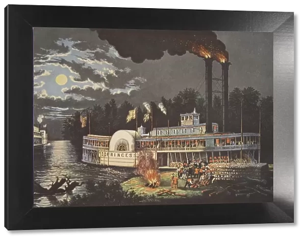 Wooding Up On The Mississippi, pub. 1863, Currier & Ives (Colour Lithograph)