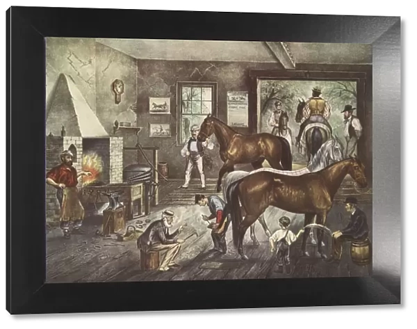 Trotting Cracks at the Forge, pub. 1869, Currier & Ives (Colour Lithograph)