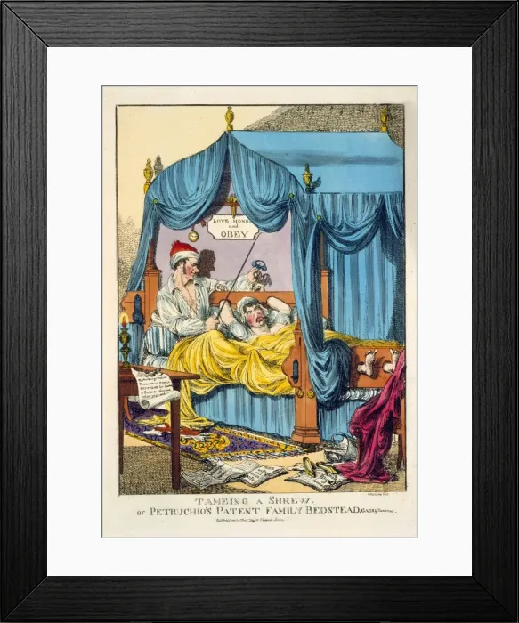 Framed Print : Taming a Shrew or Petruchios Patent Family Bedstead, Gag & Thumscrews, 1815 Framed Print : Taming a Shrew or Petruchios Patent Family Bedstead, Gag & Thumscrews, 1815