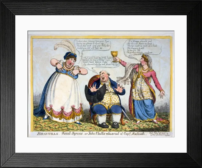 Framed Print : Bravuras. Rival Syrens or John Bulls rehearsal of Capt. Macheath, 1807 Framed Print : Bravuras. Rival Syrens or John Bulls rehearsal of Capt. Macheath, 1807