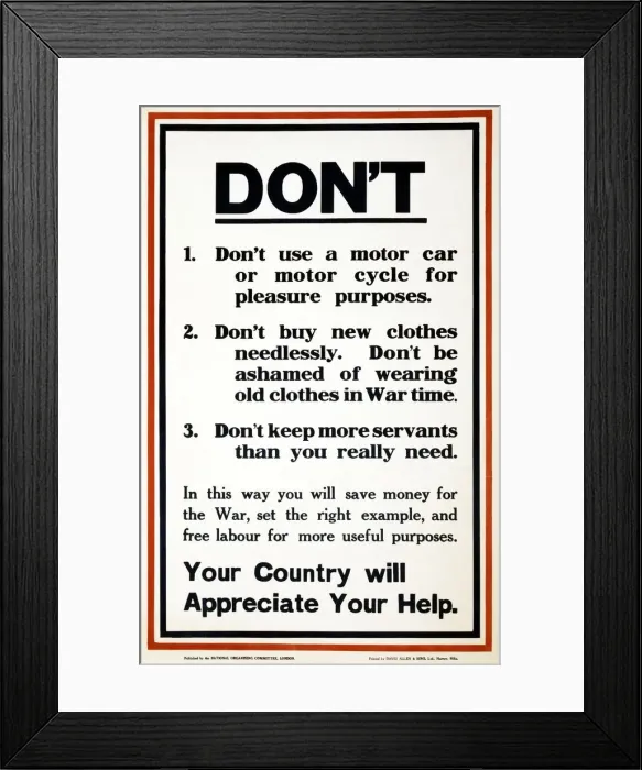 Framed Print : WW1 Poster appealing to the public to support the war effort by being frugal, 1917 Framed Print : WW1 Poster appealing to the public to support the war effort by being frugal, 1917