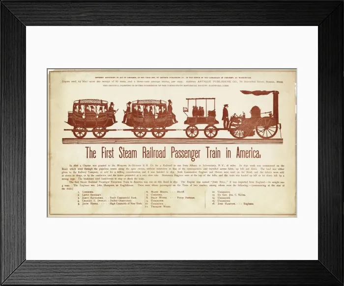 Framed Print : The First Steam Railroad Passenger Train in America, c. 1870 Framed Print : The First Steam Railroad Passenger Train in America, c. 1870