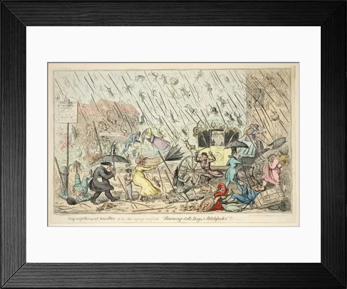 Framed Print : Very Unpleasant Weather or the Old Saying verified Raining Cats, Dogs and Pitchforks, 1835 Framed Print : Very Unpleasant Weather or the Old Saying verified Raining Cats, Dogs and Pitchforks, 1835