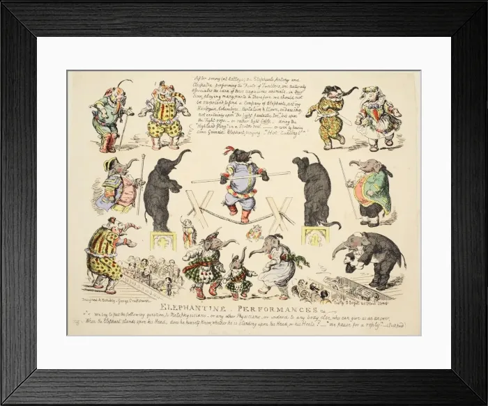 Framed Print : Elephantine Performances, pub. C. 1854 (hand coloured etching) Framed Print : Elephantine Performances, pub. C. 1854 (hand coloured etching)