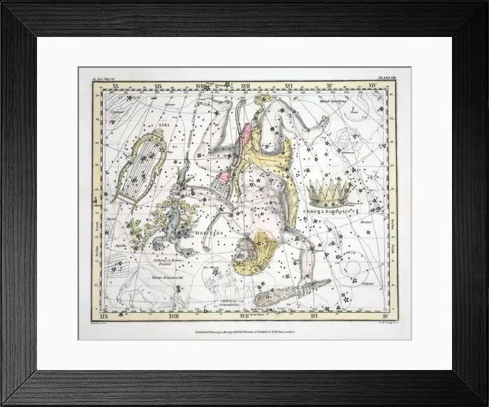 Framed Print : The Constellations (Plate VIII) Coronoa Borealis, Hercules and Cerberus, Lyra, 1822 Framed Print : The Constellations (Plate VIII) Coronoa Borealis, Hercules and Cerberus, Lyra, 1822