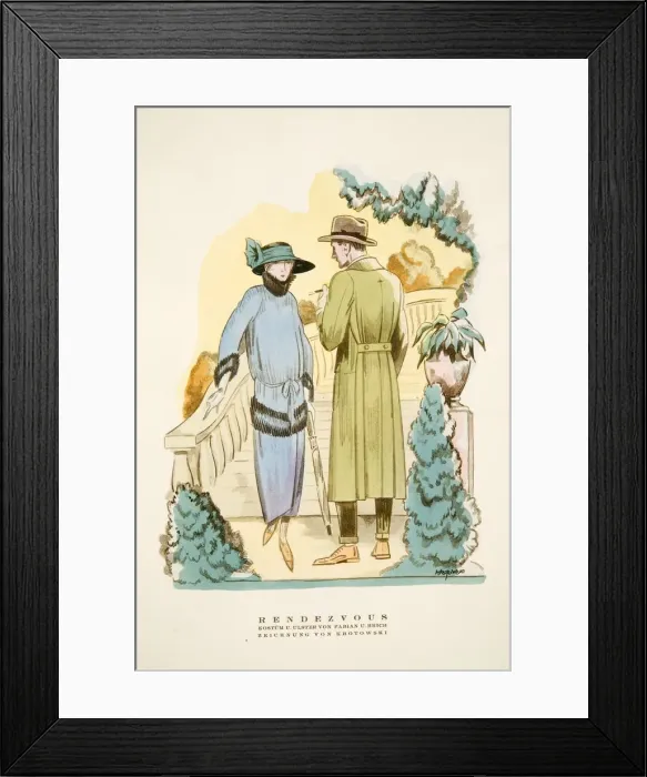 Framed Print : Rendezvous, outfit and Ulster overcoat by Fabian & Hrich from Styl, pub. 1922 Framed Print : Rendezvous, outfit and Ulster overcoat by Fabian & Hrich from Styl, pub. 1922