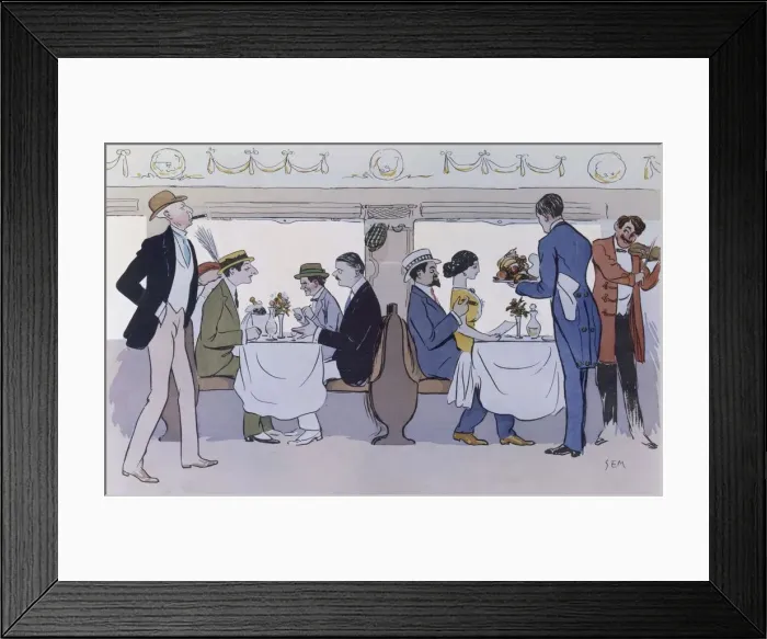 Framed Print : Restaurant Car on the Paris to Nice Train, pub. 1913 (colour lithograph) Framed Print : Restaurant Car on the Paris to Nice Train, pub. 1913 (colour lithograph)