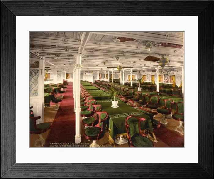 Framed Print : First Class Dining Room on Grosser Kurfurst, pub. C. 1899 (colour lithograph) Framed Print : First Class Dining Room on Grosser Kurfurst, pub. C. 1899 (colour lithograph)
