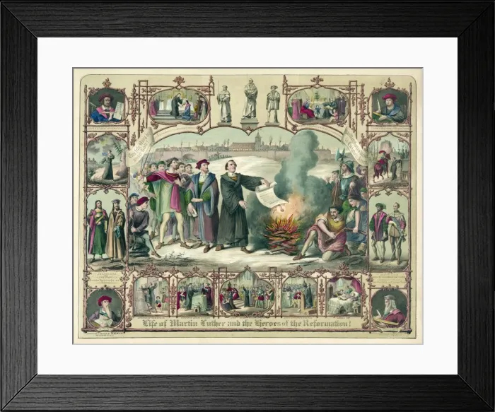 Framed Print : Life of Martin Luther and Heroes of the Reformation!, pub. 1874 (colour lithograph) Framed Print : Life of Martin Luther and Heroes of the Reformation!, pub. 1874 (colour lithograph)