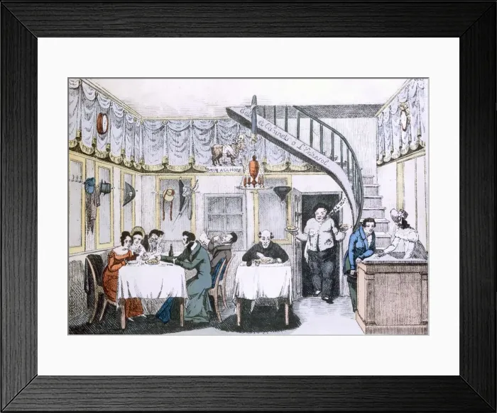 Framed Print : Restaurant du Boeuf a la Mode from Le Gout de Jour, pub. 1830 (coloured engraving) Framed Print : Restaurant du Boeuf a la Mode from Le Gout de Jour, pub. 1830 (coloured engraving)