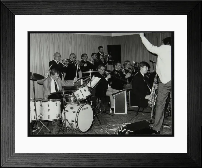 Framed Print : Drummer Ronnie Verrell and the Sound of 17 Big Band at The Fairway, Welwyn Garden City, Herts, 1991 Framed Print : Drummer Ronnie Verrell and the Sound of 17 Big Band at The Fairway, Welwyn Garden City, Herts, 1991