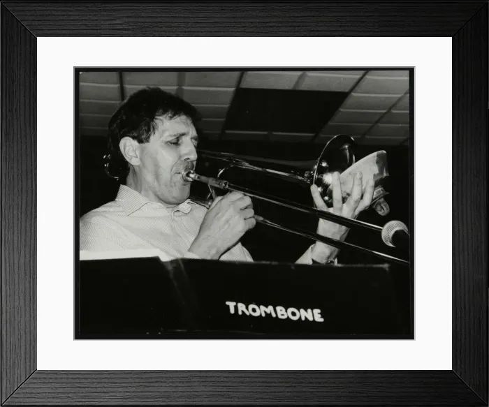 Framed Print : Trombonist Derek Wadsworth playing at The Fairway, Welwyn Garden City, Hertfordshire, 28 July 1991 Framed Print : Trombonist Derek Wadsworth playing at The Fairway, Welwyn Garden City, Hertfordshire, 28 July 1991