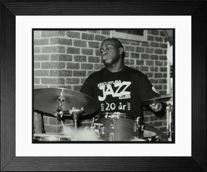 Framed Print : Winston Clifford on drums at The Fairway, Welwyn Garden City, Hertfordshire, 18 February 2001 Framed Print : Winston Clifford on drums at The Fairway, Welwyn Garden City, Hertfordshire, 18 February 2001
