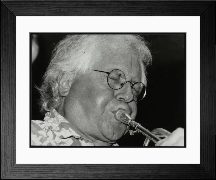 Framed Print : Trumpeter Henry Lowther playing at The Fairway, Welwyn Garden City, Hertfordshire, 1 October 2000 Framed Print : Trumpeter Henry Lowther playing at The Fairway, Welwyn Garden City, Hertfordshire, 1 October 2000