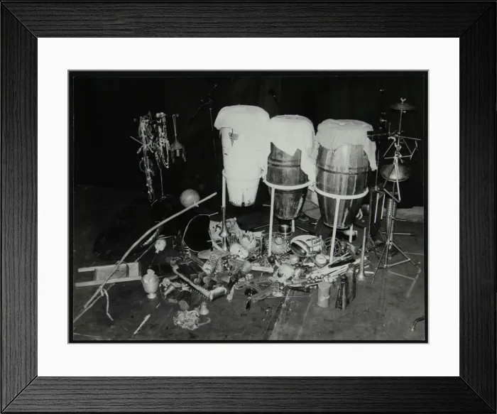 Framed Print : A selection of Brazilian percussionist Guilherme Francos instruments, Middlesbrough, 1978 Framed Print : A selection of Brazilian percussionist Guilherme Francos instruments, Middlesbrough, 1978