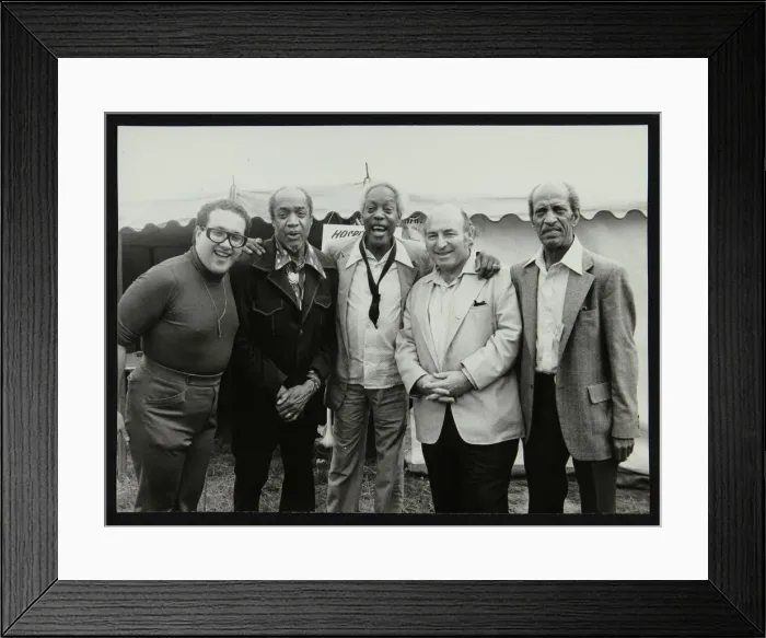 Framed Print : Duffy Jackson, Slam Stewart, Sonny Stitt, George Wein and an unidentified musician, London, 1979 Framed Print : Duffy Jackson, Slam Stewart, Sonny Stitt, George Wein and an unidentified musician, London, 1979
