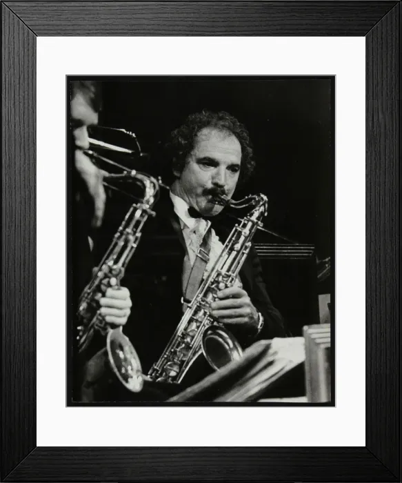 Framed Print : Saxophonist Frank Tiberi performing at the Forum Theatre, Hatfield, Hertfordshire, 1983 Framed Print : Saxophonist Frank Tiberi performing at the Forum Theatre, Hatfield, Hertfordshire, 1983