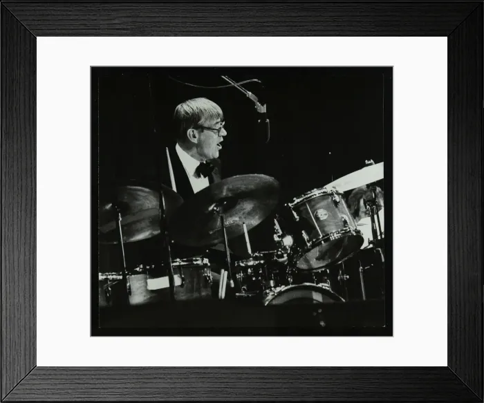 Framed Print : Ted Heath Band drummer Jack Parnell playing at the Forum Theatre, Hatfield, Hertfordshire, 1983 Framed Print : Ted Heath Band drummer Jack Parnell playing at the Forum Theatre, Hatfield, Hertfordshire, 1983