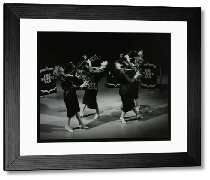 Framed Print : All-female quartet The Fairer Sax performing at the Forum Theatre, Hatfield, Hertfordshire, 1987 Framed Print : All-female quartet The Fairer Sax performing at the Forum Theatre, Hatfield, Hertfordshire, 1987
