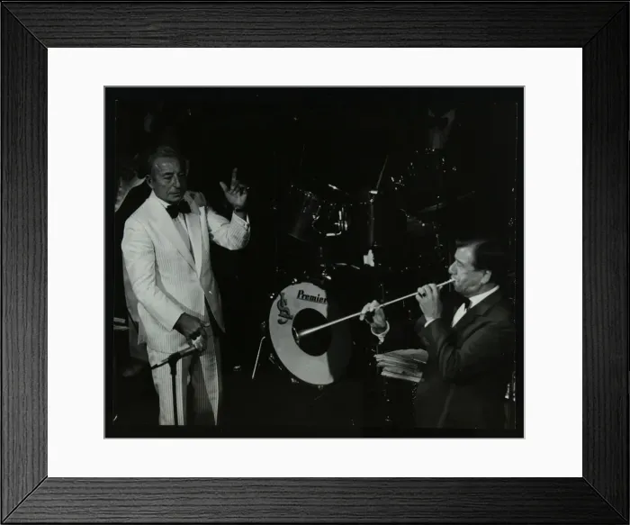 Framed Print : Dance band leader Joe Loss (left) on stage at the Forum Theatre, Hatfield, Hertfordshire, 1986 Framed Print : Dance band leader Joe Loss (left) on stage at the Forum Theatre, Hatfield, Hertfordshire, 1986