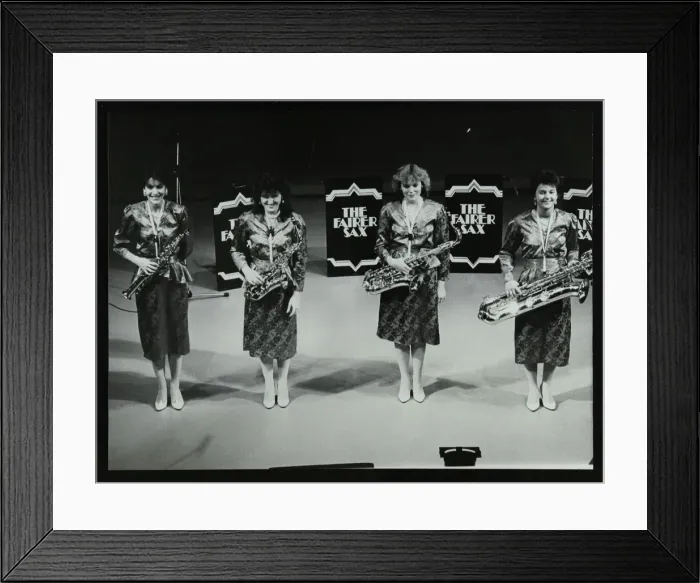 Framed Print : All-female quartet The Fairer Sax on stage at the Forum Theatre, Hatfield, Hertfordshire, 1987 Framed Print : All-female quartet The Fairer Sax on stage at the Forum Theatre, Hatfield, Hertfordshire, 1987