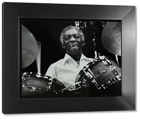 Art Blakey on stage with the Jazz Messengers at the Forum Theatre, Hatfield, Hertfordshire, 1978